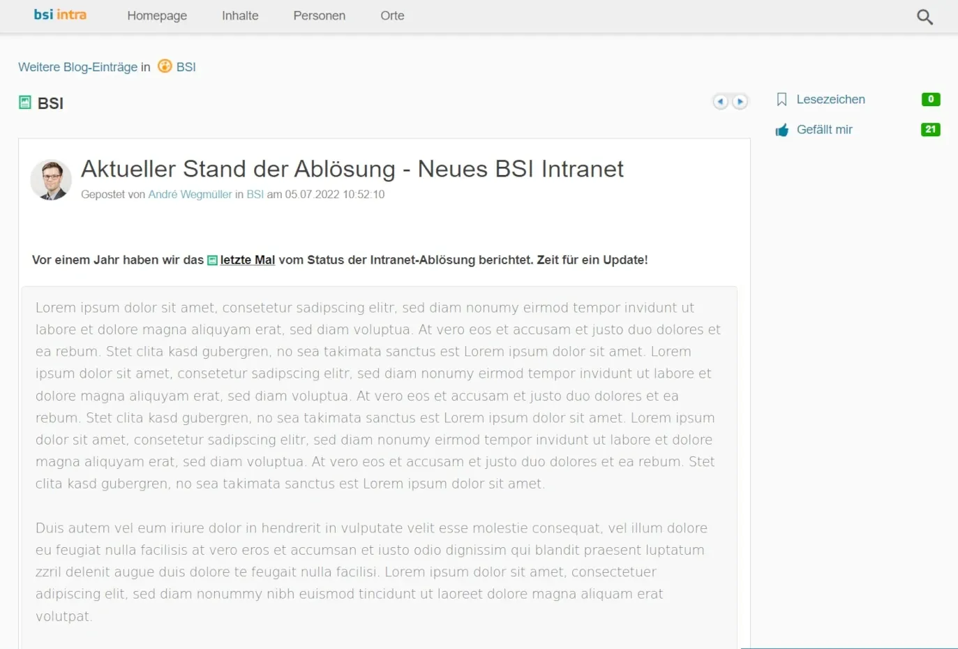 Blog post screenshot der das neue BSI Intranet ankündigt